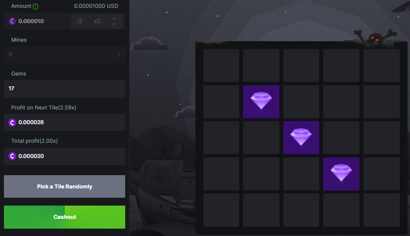 Example Mines game showing 2.00x after successfully selecting 3 gems in a game of 5 mines.